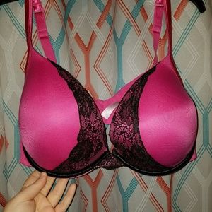 Pink and black lace pushup plunge bra